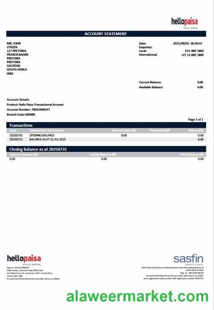 South Africa Hellopaisa account statement Word and PDF template